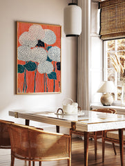 Orange Floral Poster featuring stylized white and blue flowers with dark leaves against a vibrant striped orange background in a Japanese woodblock print style. - Image 2