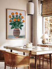 Illustrated orange flower bouquet in a pink and black striped vase on a neutral background, in a styled room mockup