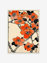 Orange flower poster with Japanese botanical illustration of blossoms and branches on a light background.