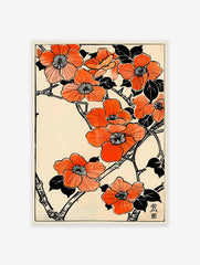 Orange flower poster with Japanese botanical illustration of blossoms and branches on a light background.