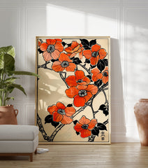 Orange flower poster with Japanese botanical illustration of blossoms and branches on a light background. - Image 3