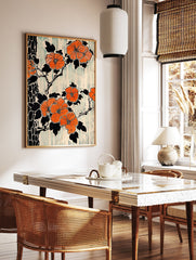 Orange flower botanical poster with black leaves and branches, against a cream background with teal vertical lines in a Japanese art style. - Image 2
