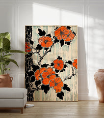 Orange flower botanical poster with black leaves and branches, against a cream background with teal vertical lines in a Japanese art style. - Image 3