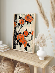 Orange flower botanical poster with black leaves and branches, against a cream background with teal vertical lines in a Japanese art style. - Image 4