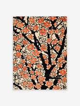 Vibrant orange flower poster featuring stylized blossoms on black branches, set against a light background, botanical art.