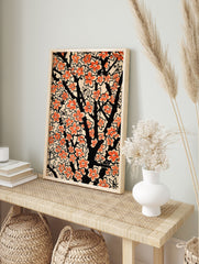 Vibrant orange flower poster featuring stylized blossoms on black branches, set against a light background, botanical art. - Image 4