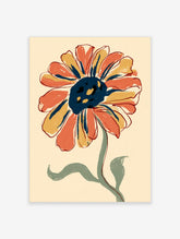 Orange flower poster with navy centre and green stem on cream background