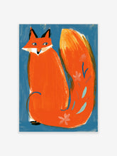 Orange fox illustration with floral tail on blue background, animal art print