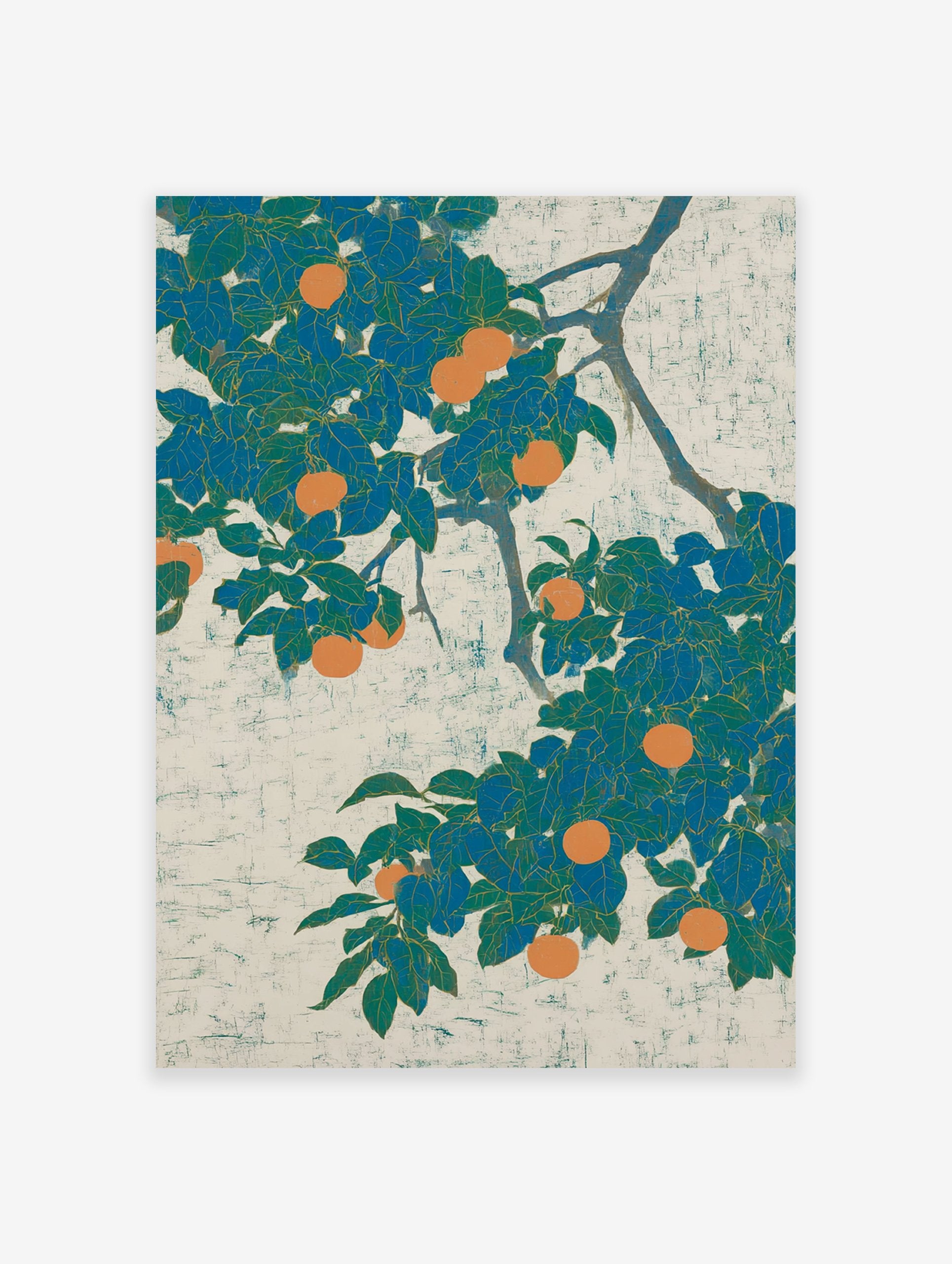 Orange Fruit Tree Poster with vibrant teal leaves and ripe orange fruits on a textured light background, in a Japanese botanical style.