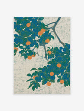 Orange Fruit Tree Poster with vibrant teal leaves and ripe orange fruits on a textured light background, in a Japanese botanical style.