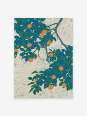 Orange Fruit Tree Poster with vibrant teal leaves and ripe orange fruits on a textured light background, in a Japanese botanical style.