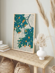 Orange Fruit Tree Poster with vibrant teal leaves and ripe orange fruits on a textured light background, in a Japanese botanical style. - Image 4