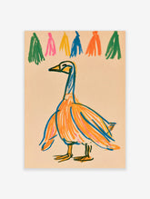 Orange goose art print with blue outline, yellow beak, and colourful brushstroke swatches above