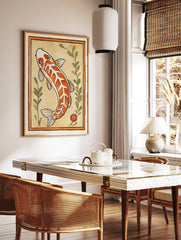 Orange and white koi fish illustration with green leaves and red seal mark, framed by a double, in a styled room mockup