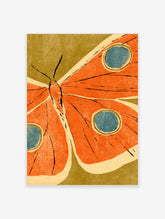 Orange moth art print with blue eyespots and black line details on olive background
