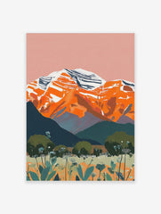 Illustrative landscape art print of orange snow-capped mountains, teal hills, and wildflower meadow under pink sky