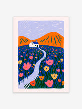 Colourful landscape poster with orange mountains, white house, and winding path through blue and pink flowers