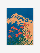 Illustrative orange mountain with red flowers and green leaves against a blue sky, in a bold botanical wall art print.