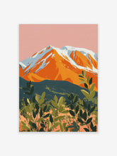 Illustrative orange mountain with snowy peaks against a pink sky and green layered foliage art print