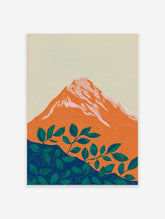 Stylised orange mountain with pink-white peaks and green foliage on a deep blue base, set against a pale sky