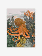 Illustrative orange octopus surrounded by green and yellow underwater plants, with a light grey background
