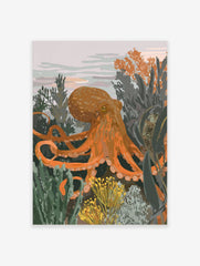 Illustrative orange octopus surrounded by green and yellow underwater plants, with a light grey background
