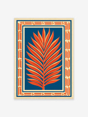 Orange palm leaf illustration against deep blue background with Art Deco geometric border on beige