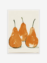 Three vibrant orange pear botanical art prints with green stems on a cream background, displayed as wall art.