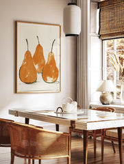 Three vibrant orange pear botanical art prints with green stems on a cream background, displayed as wall art. - Image 3