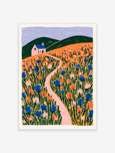 Orange poppy field landscape print with winding pink path, blue flowers, and cottage on hill