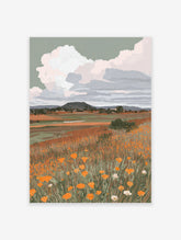 Illustrative art print of an orange poppy field with green grass, distant mountains, and clouds under a sage green sky.