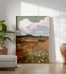 Illustrative art print of an orange poppy field with green grass, distant mountains, and clouds under a sage green sky. - Image 3
