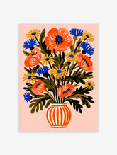 Orange poppy flower poster with blue cornflowers and yellow daisies in a striped vase on pink background