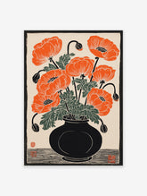 Vibrant orange poppy flowers in a black vase, depicted in a woodcut style botanical art print on a cream background.