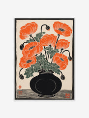 Vibrant orange poppy flowers in a black vase, depicted in a woodcut style botanical art print on a cream background.