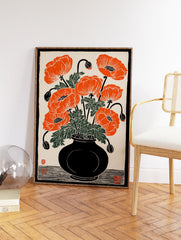 Vibrant orange poppy flowers in a black vase, depicted in a woodcut style botanical art print on a cream background. - Image 2