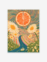 Retro psychedelic art print of a sliced orange sun, daisies, winding blue road and white car