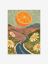 Surreal orange slice poster with winding blue road, yellow car, and white daisies in a retro landscape