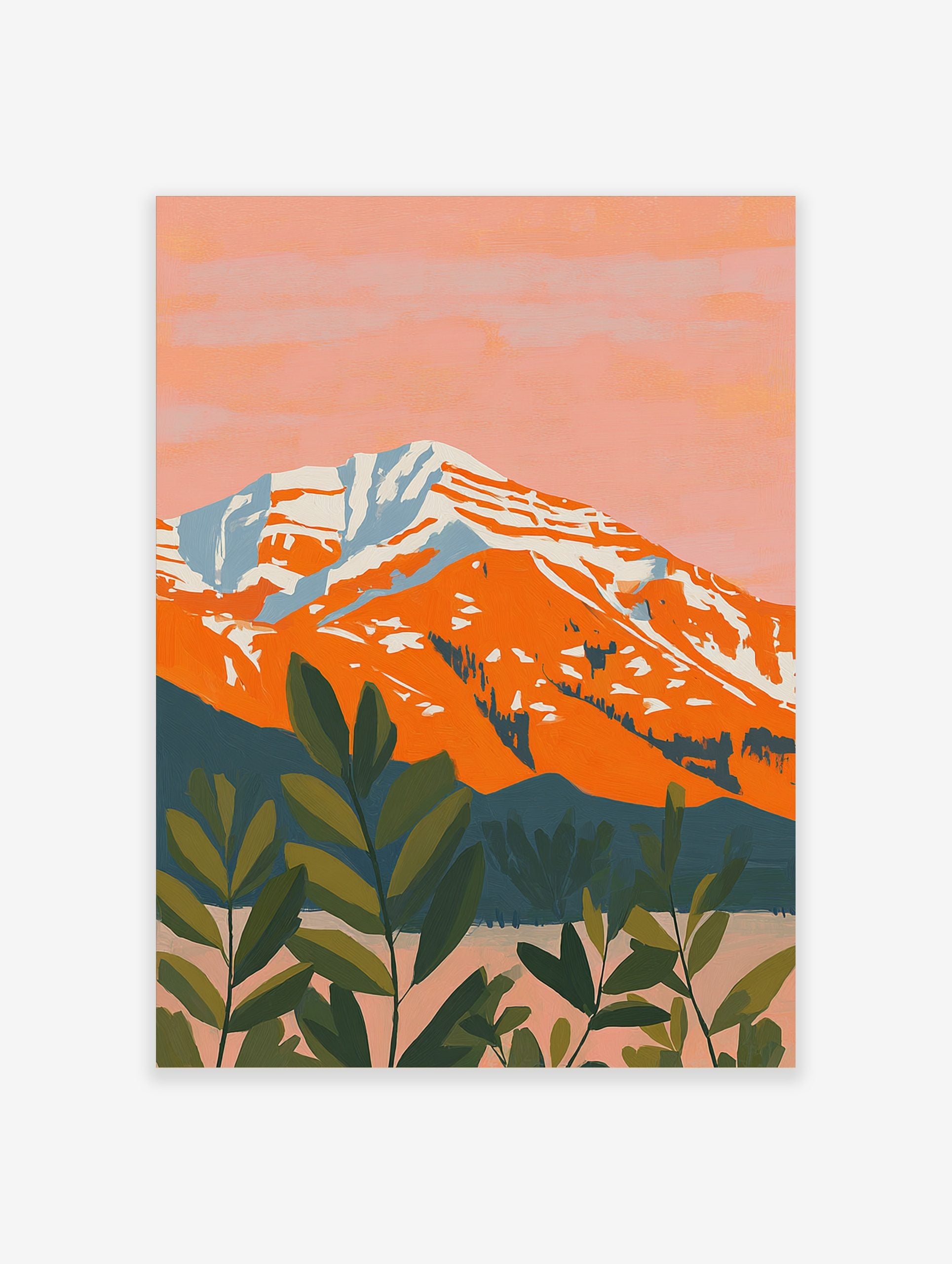 Illustrative orange mountain with white snow, pink sky, and dark green foliage in foreground