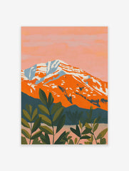 Illustrative orange mountain with white snow, pink sky, and dark green foliage in foreground