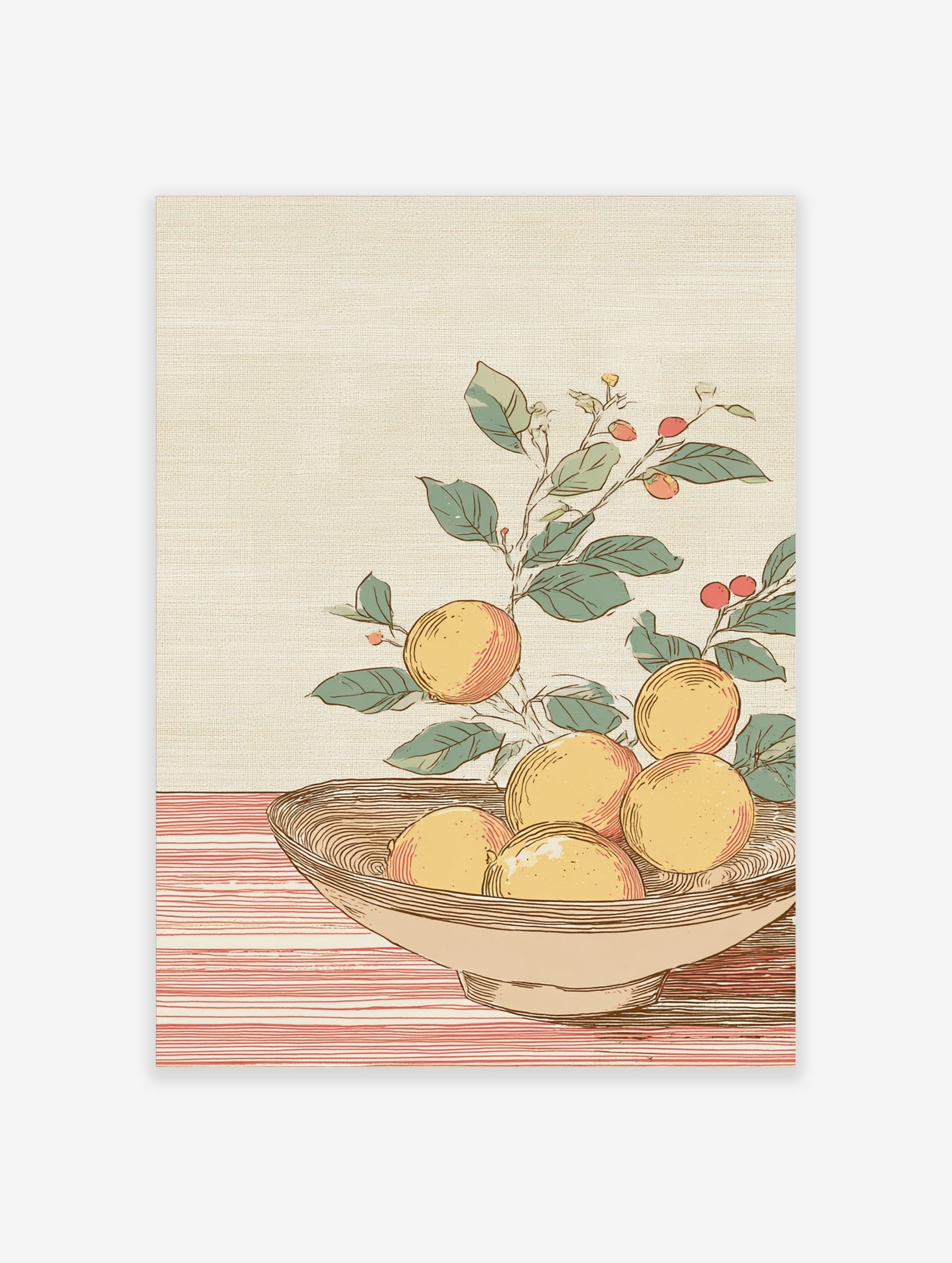 Illustrative orange still life print with fruit in a bowl, green leaves, and red berries on a striped table