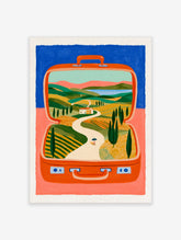 Colourful landscape art print of an open orange suitcase revealing hills, a path and a figure with an umbrella