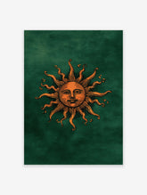 Orange sun illustration with a face and wavy rays on a dark green background, presented as an art print.