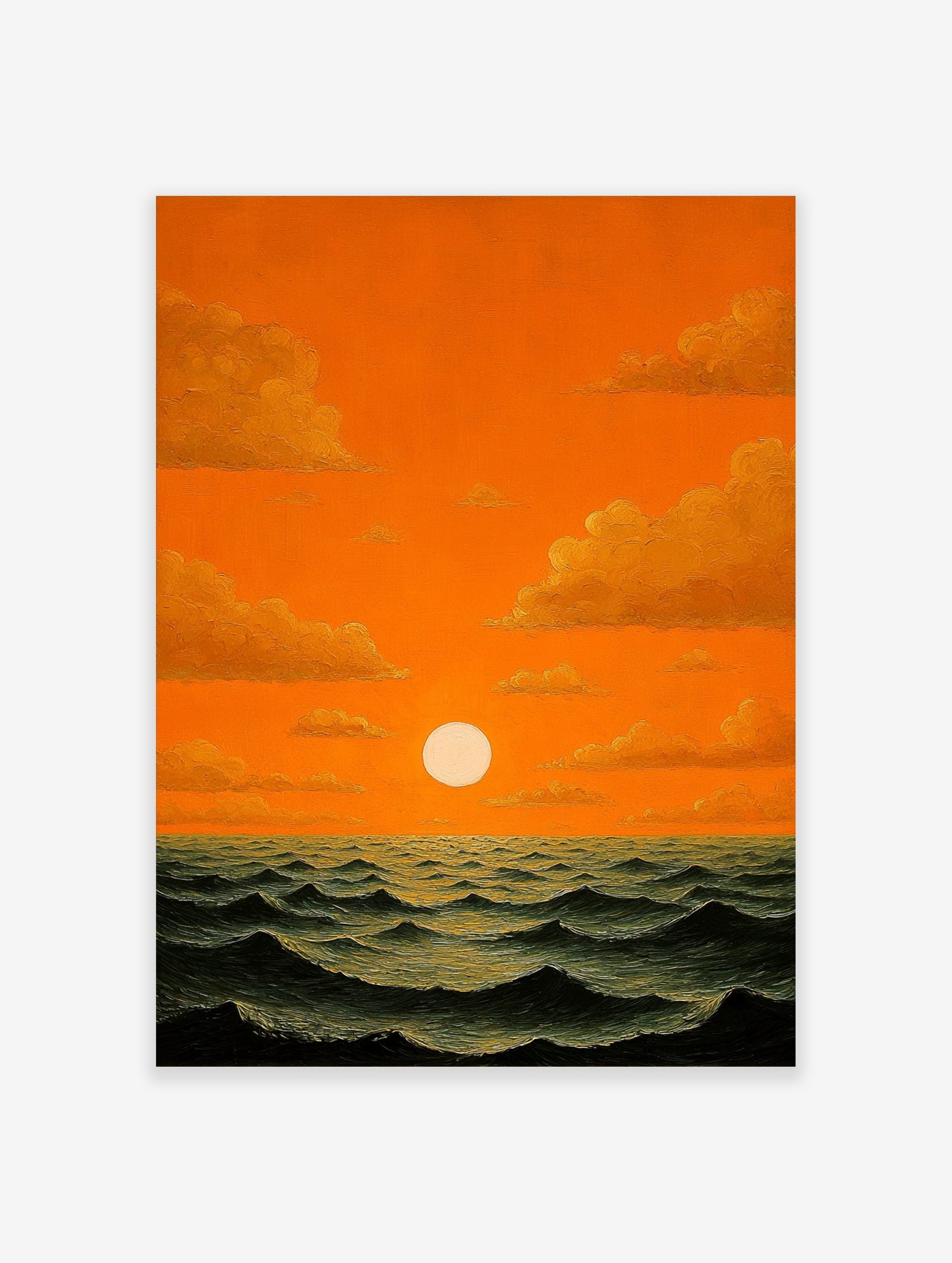 Dramatic orange sunset over dark wavy ocean with bright white sun and golden clouds, oil painting style