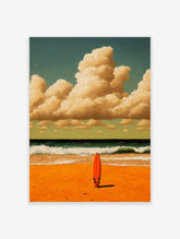 Orange surfboard standing on sandy beach with green waves and cloudy sky in painterly style