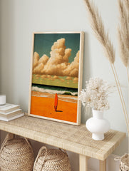 Orange surfboard standing on sandy beach with green waves and cloudy sky in painterly style, in an alternate framed mockup