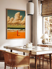 Orange surfboard standing on sandy beach with green waves and cloudy sky in painterly style, in a styled room mockup