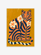 Orange tiger with navy stripes and cream flowers seated on a mustard background illustration