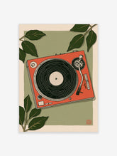 Retro orange turntable with vinyl record and green leaves in an illustrative style wall art print