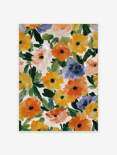 Abstract floral painting featuring orange, yellow, and blue flowers with green leaves on a light background.